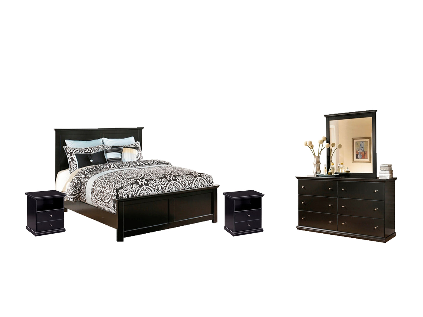 Maribel  Panel Bed With Mirrored Dresser And 2 Nightstands