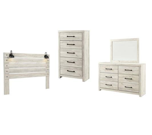 Cambeck  Panel Headboard With Mirrored Dresser And Chest