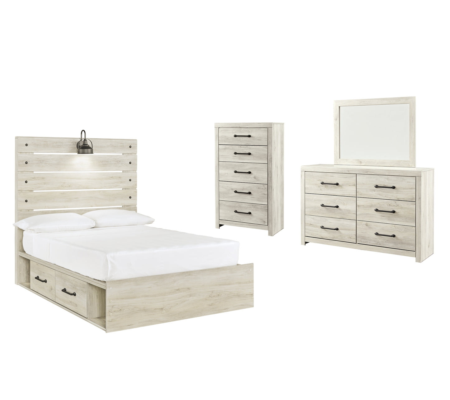 Cambeck  Panel Bed With 4 Storage Drawers With Mirrored Dresser And Chest