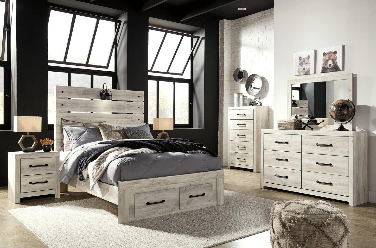 Cambeck  Panel Bed With 4 Storage Drawers With Mirrored Dresser, Chest And Nightstand