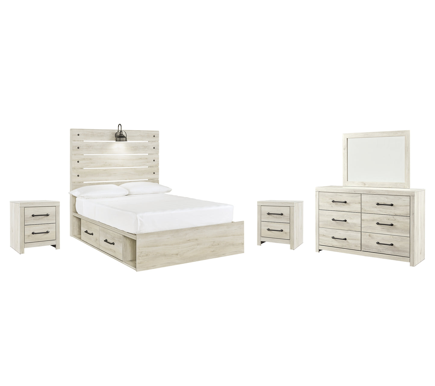 Cambeck  Panel Bed With 4 Storage Drawers With Mirrored Dresser And 2 Nightstands