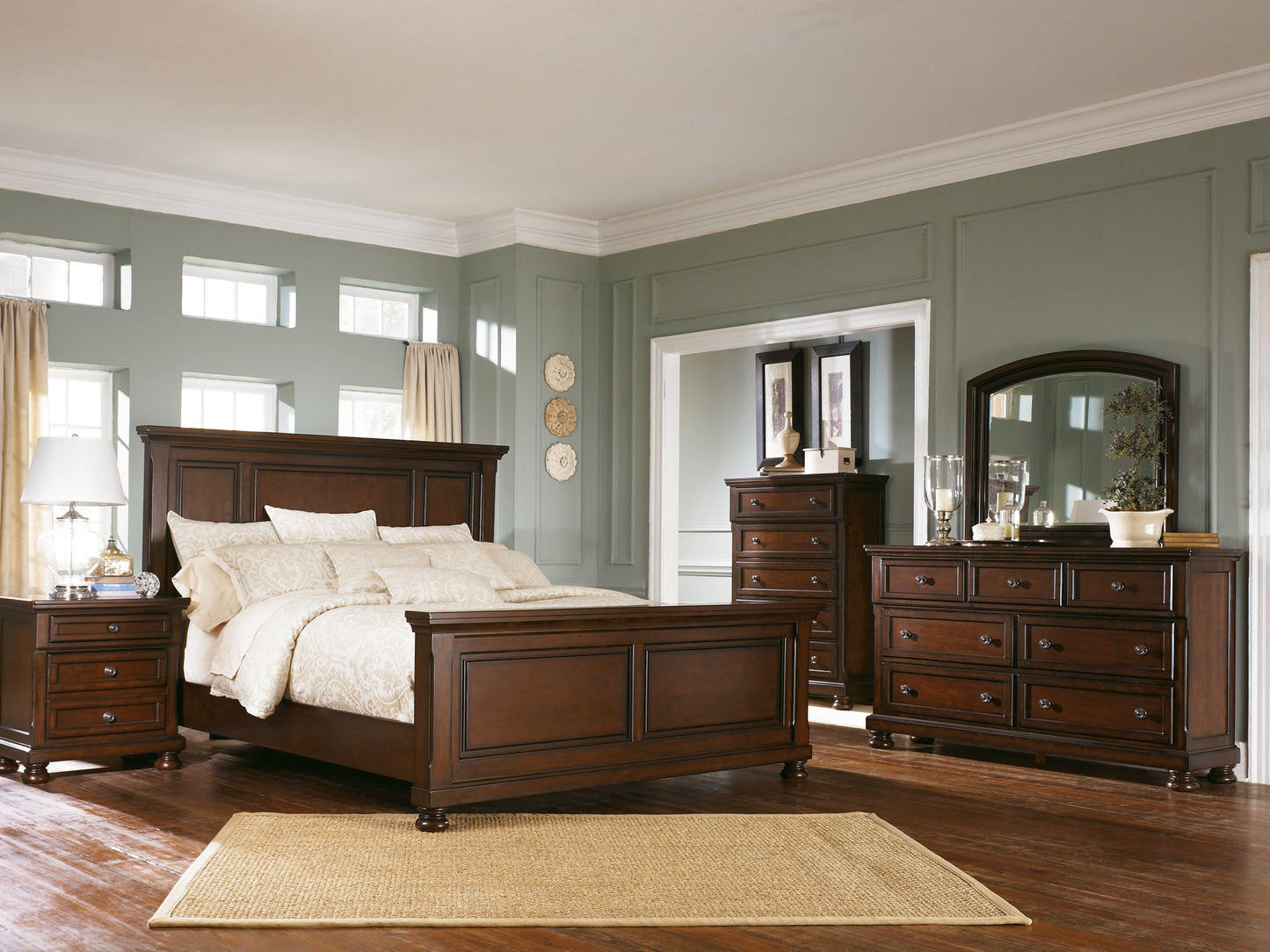 Porter California  Panel Bed With Mirrored Dresser, Chest And 2 Nightstands