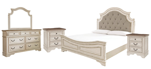 Realyn  Upholstered Panel Bed With Mirrored Dresser And 2 Nightstands