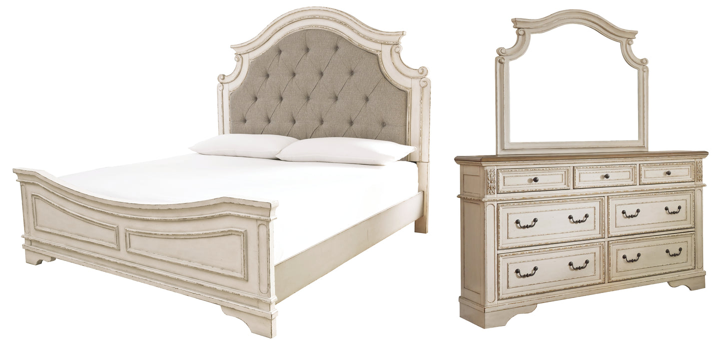 Realyn California  Upholstered Panel Bed With Mirrored Dresser