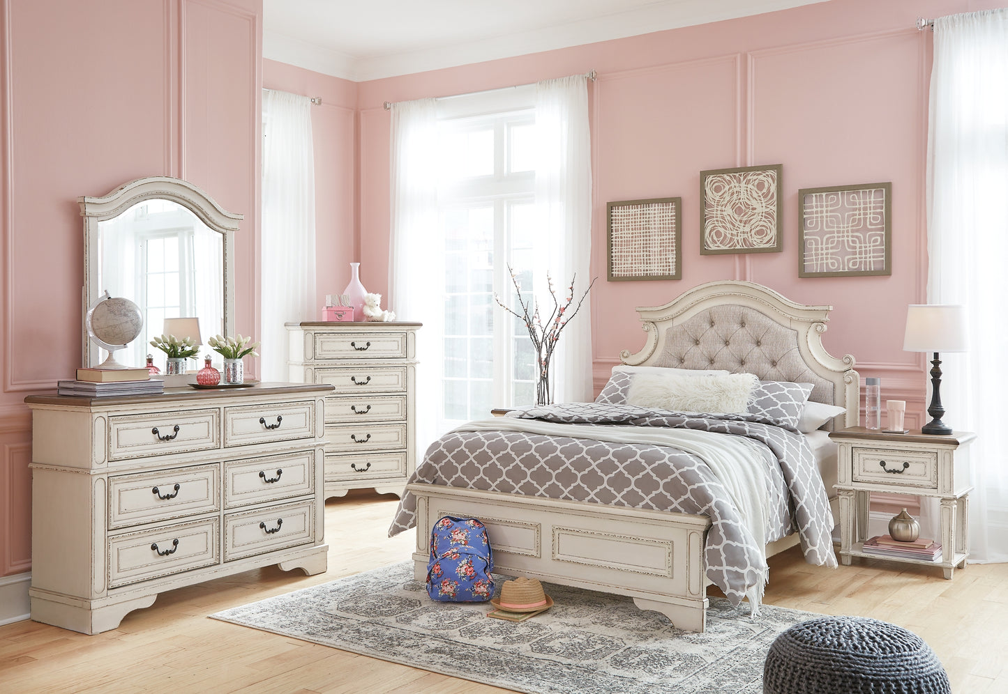 Realyn  Panel Bed With Mirrored Dresser, Chest And Nightstand