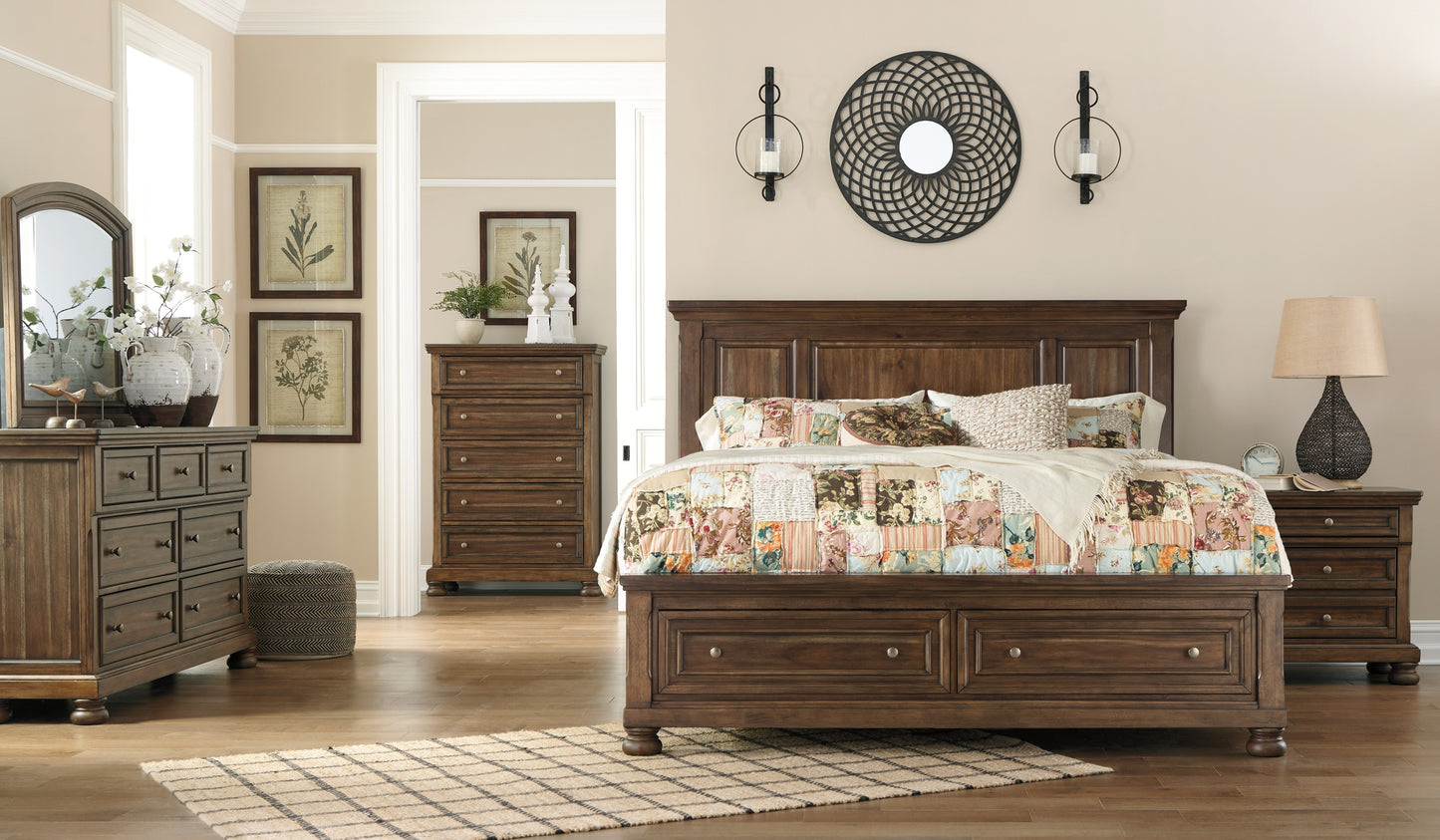 Flynnter California  Panel Bed With 2 Storage Drawers With Mirrored Dresser, Chest And Nightstand