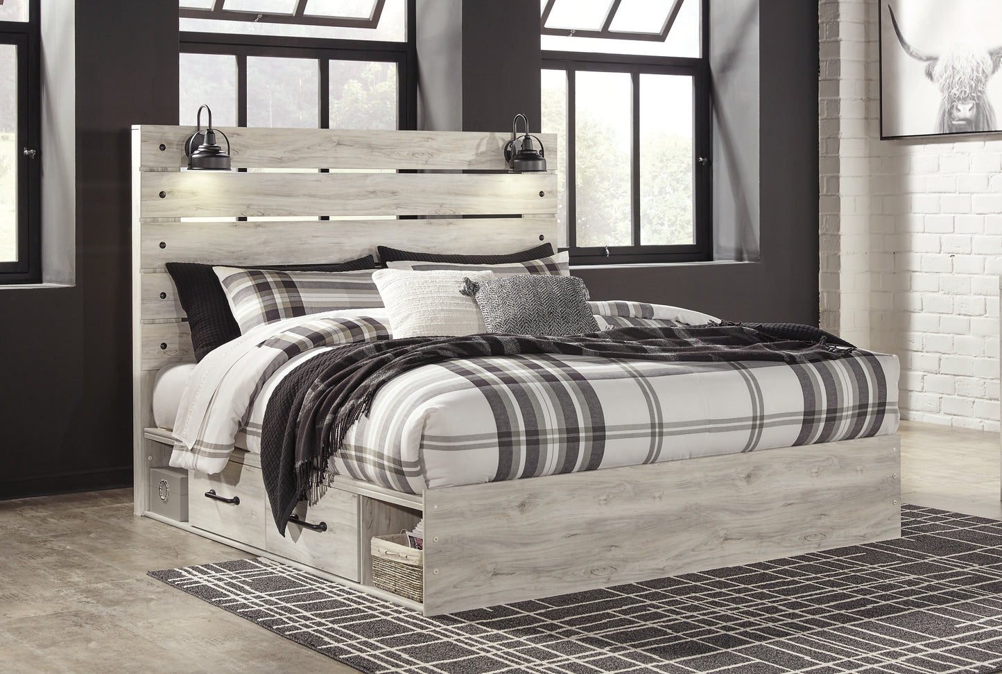 Cambeck  Panel Bed With 2 Storage Drawers With Mirrored Dresser And Chest