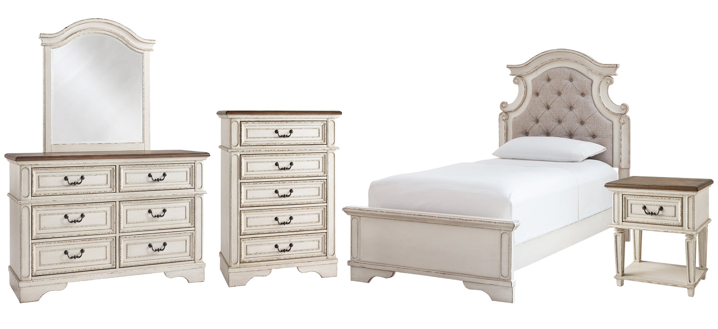 Realyn  Panel Bed With Mirrored Dresser, Chest And Nightstand