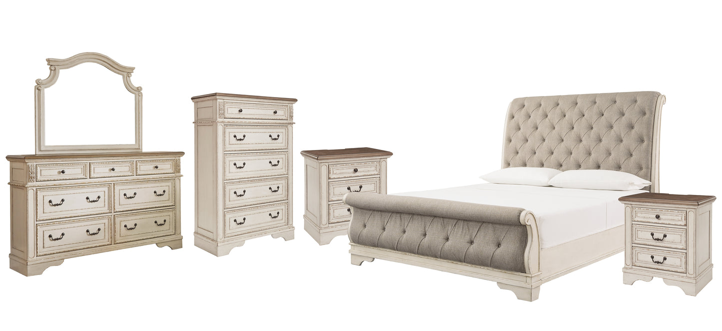 Realyn California  Sleigh Bed With Mirrored Dresser, Chest And 2 Nightstands