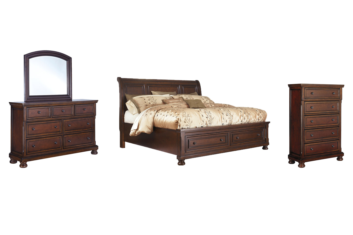 Porter  Sleigh Bed With Mirrored Dresser And Chest