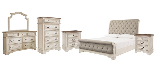 Realyn  Sleigh Bed With Mirrored Dresser, Chest And 2 Nightstands