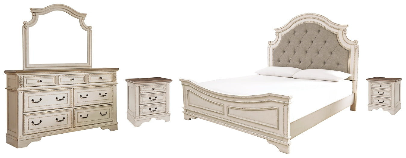 Realyn  Upholstered Panel Bed With Mirrored Dresser And 2 Nightstands