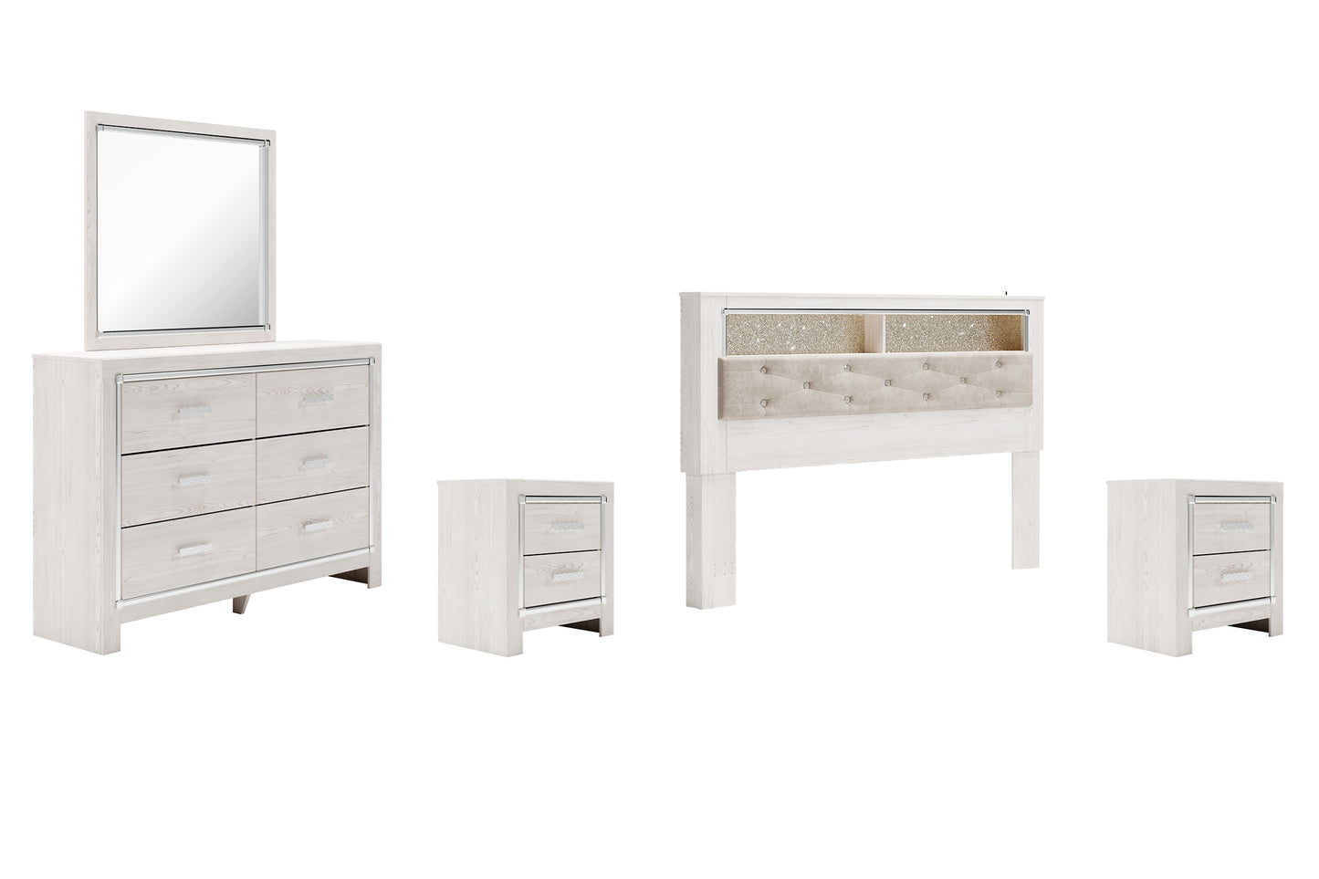 Altyra  Bookcase Headboard With Mirrored Dresser And 2 Nightstands