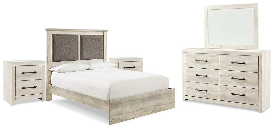 Cambeck  Upholstered Panel Bed With Mirrored Dresser And 2 Nightstands