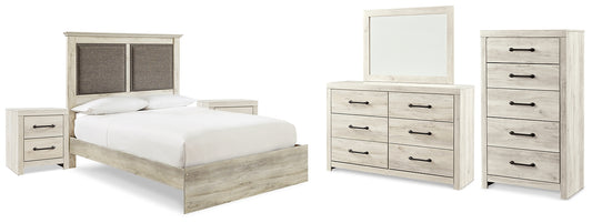 Cambeck  Upholstered Panel Bed With Mirrored Dresser, Chest And 2 Nightstands