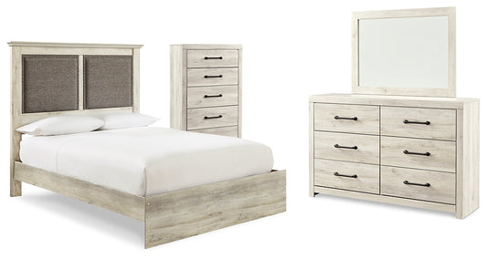 Cambeck  Upholstered Panel Bed With Mirrored Dresser And Chest