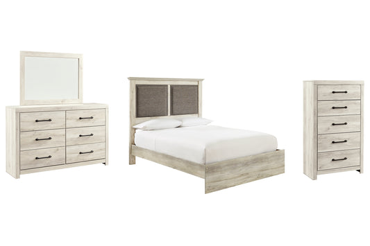 Cambeck  Upholstered Panel Bed With Mirrored Dresser And Chest