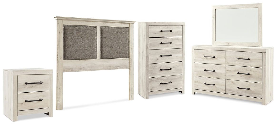 Cambeck  Upholstered Panel Headboard With Mirrored Dresser, Chest And Nightstand