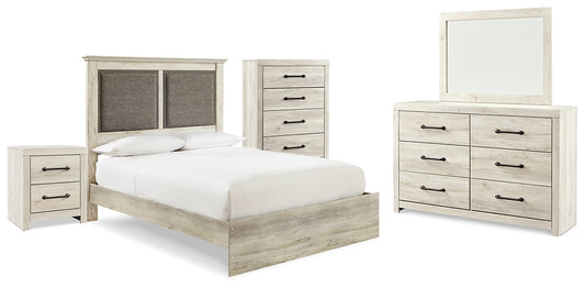 Cambeck  Upholstered Panel Bed With Mirrored Dresser, Chest And Nightstand