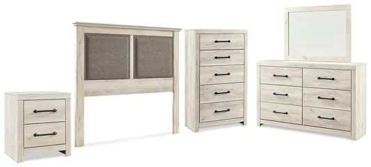 Cambeck /California King Upholstered Panel Headboard With Mirrored Dresser, Chest And Nightstand