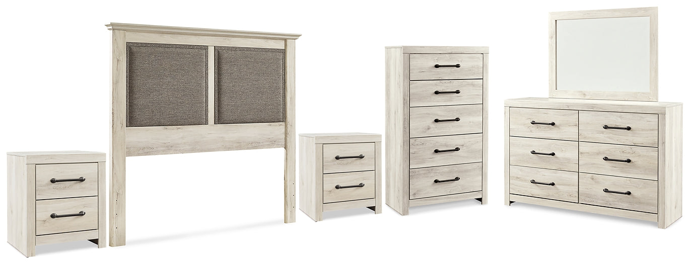 Cambeck  Upholstered Panel Headboard With Mirrored Dresser, Chest And 2 Nightstands