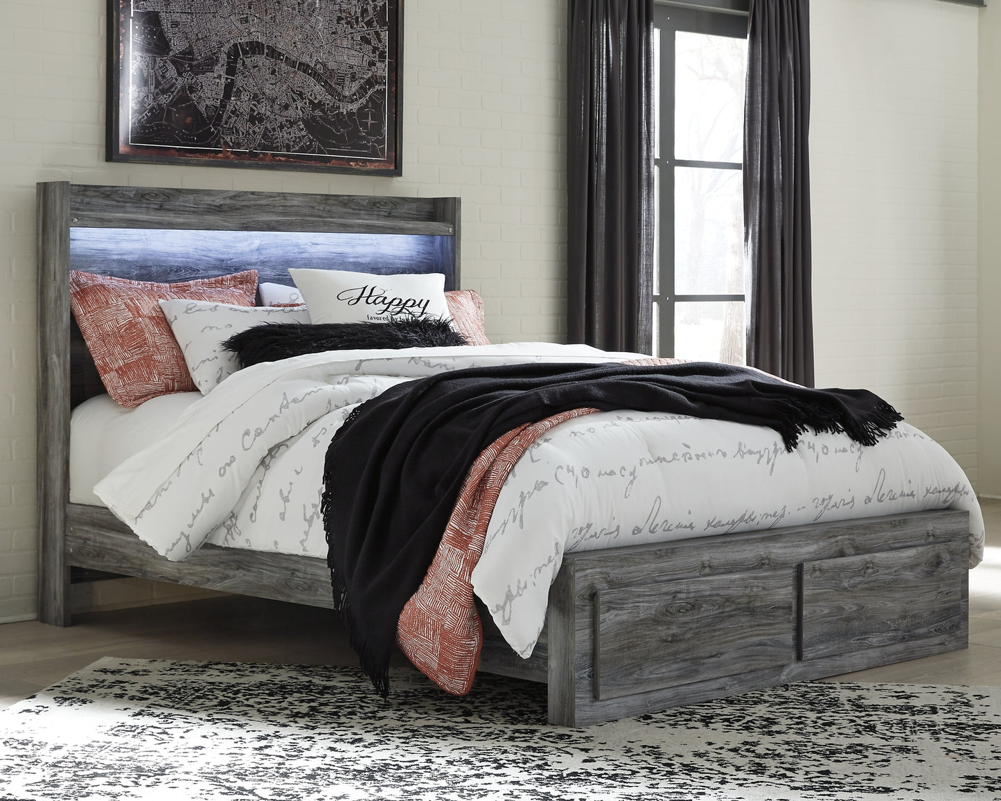 Baystorm  Panel Bed With 2 Storage Drawers With Mirrored Dresser And Nightstand