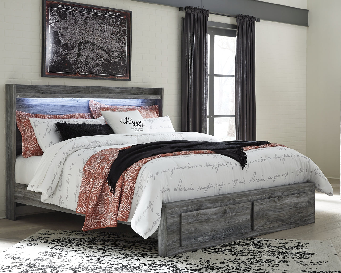 Baystorm  Panel Bed With 2 Storage Drawers With Mirrored Dresser, And Nightstand