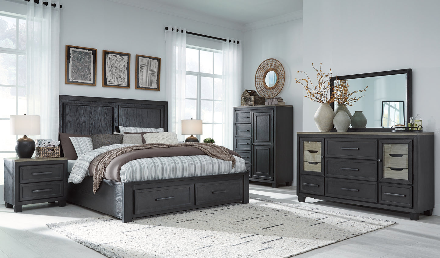 Foyland  Panel Storage Bed With Mirrored Dresser, Chest And 2 Nightstands