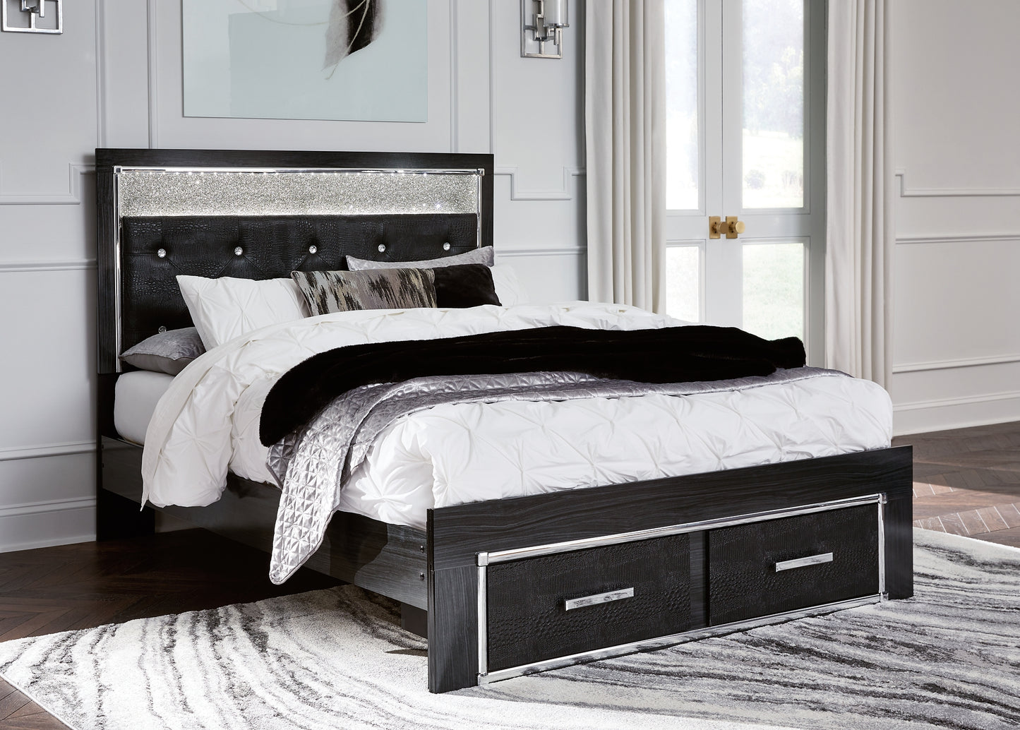 Kaydell  Upholstered Panel Storage Bed With Mirrored Dresser And 2 Nightstands