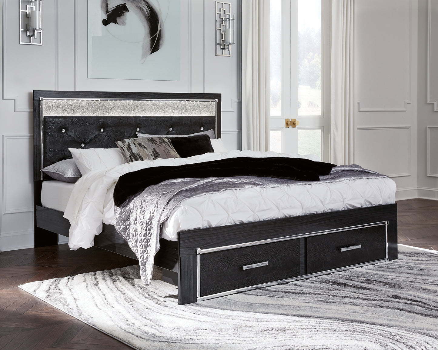 Kaydell  Upholstered Panel Storage Bed With Mirrored Dresser