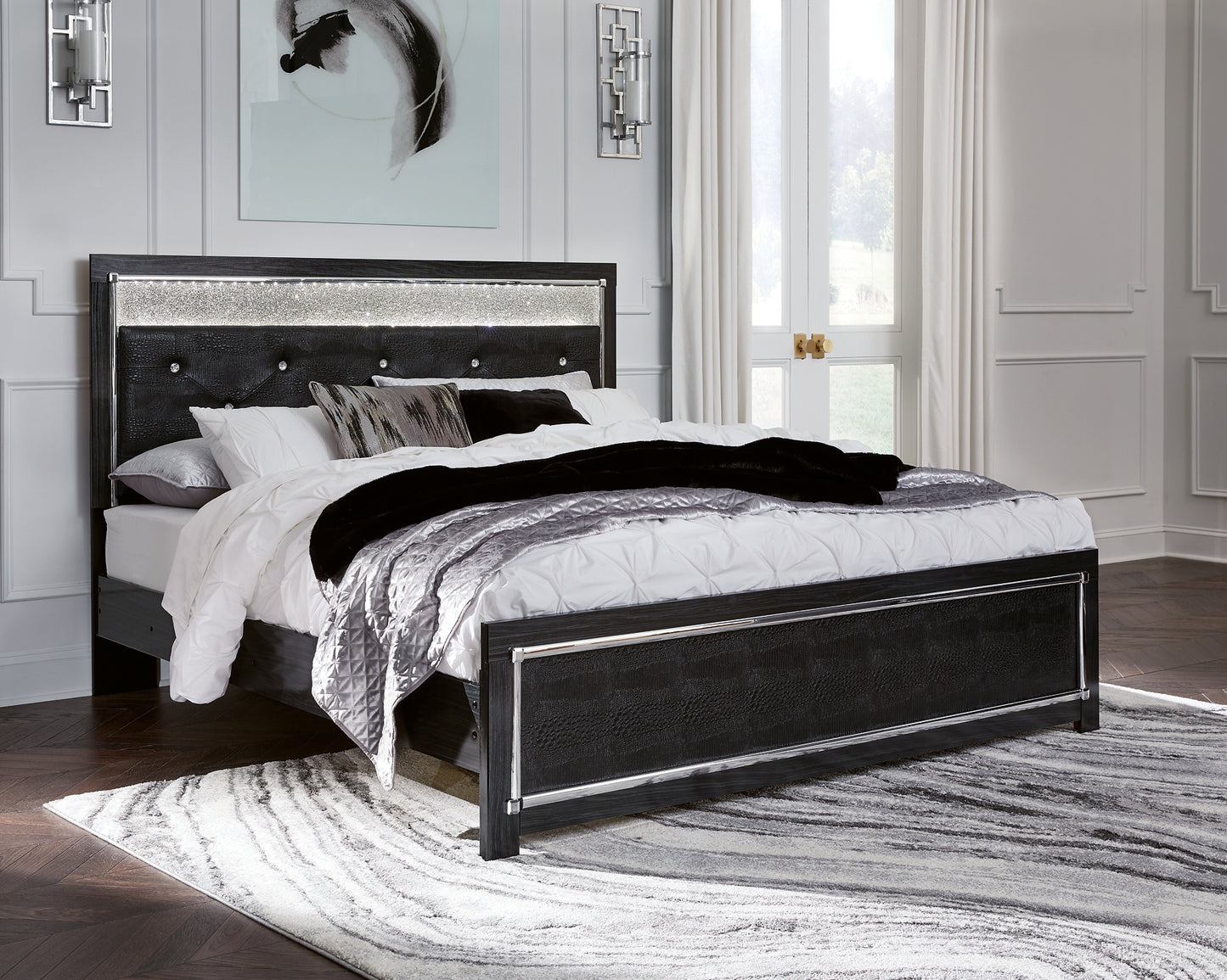 Kaydell  Upholstered Panel Platform Bed With Mirrored Dresser