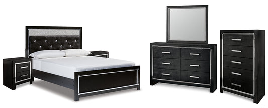 Kaydell  Upholstered Panel Bed With Mirrored Dresser, Chest And 2 Nightstands