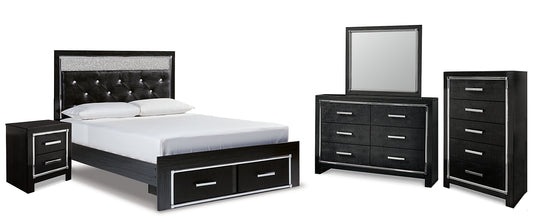 Kaydell  Upholstered Panel Storage Bed With Mirrored Dresser, Chest And Nightstand