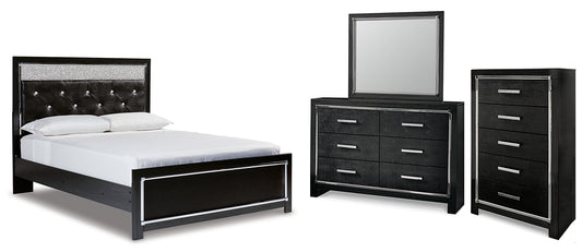 Kaydell  Upholstered Panel Bed With Mirrored Dresser And Chest