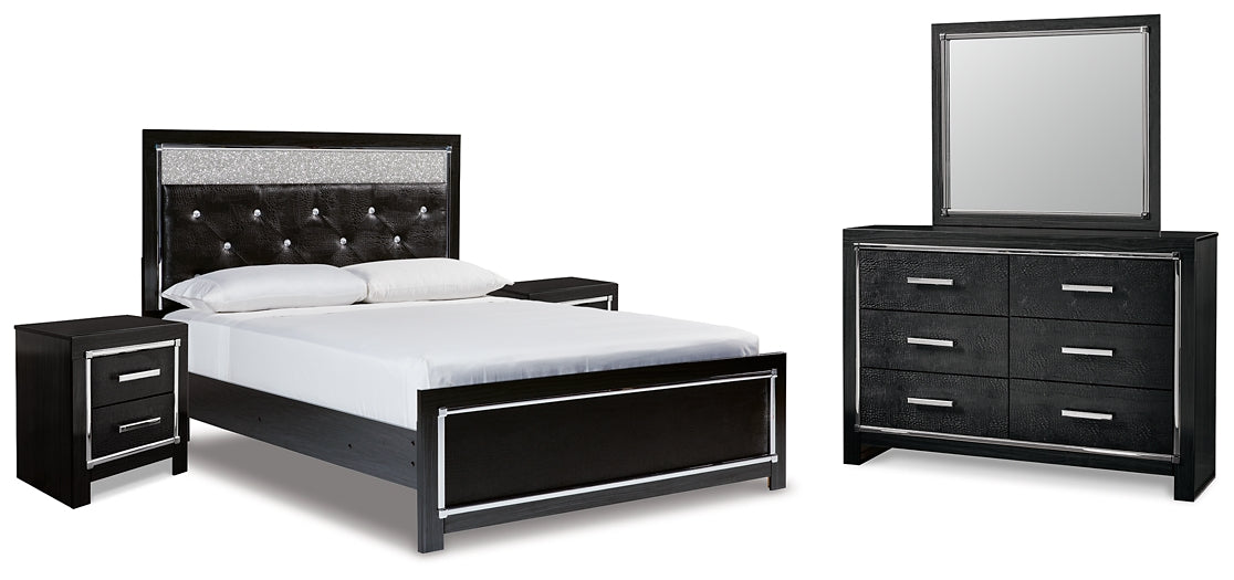 Kaydell  Upholstered Panel Bed With Mirrored Dresser And 2 Nightstands