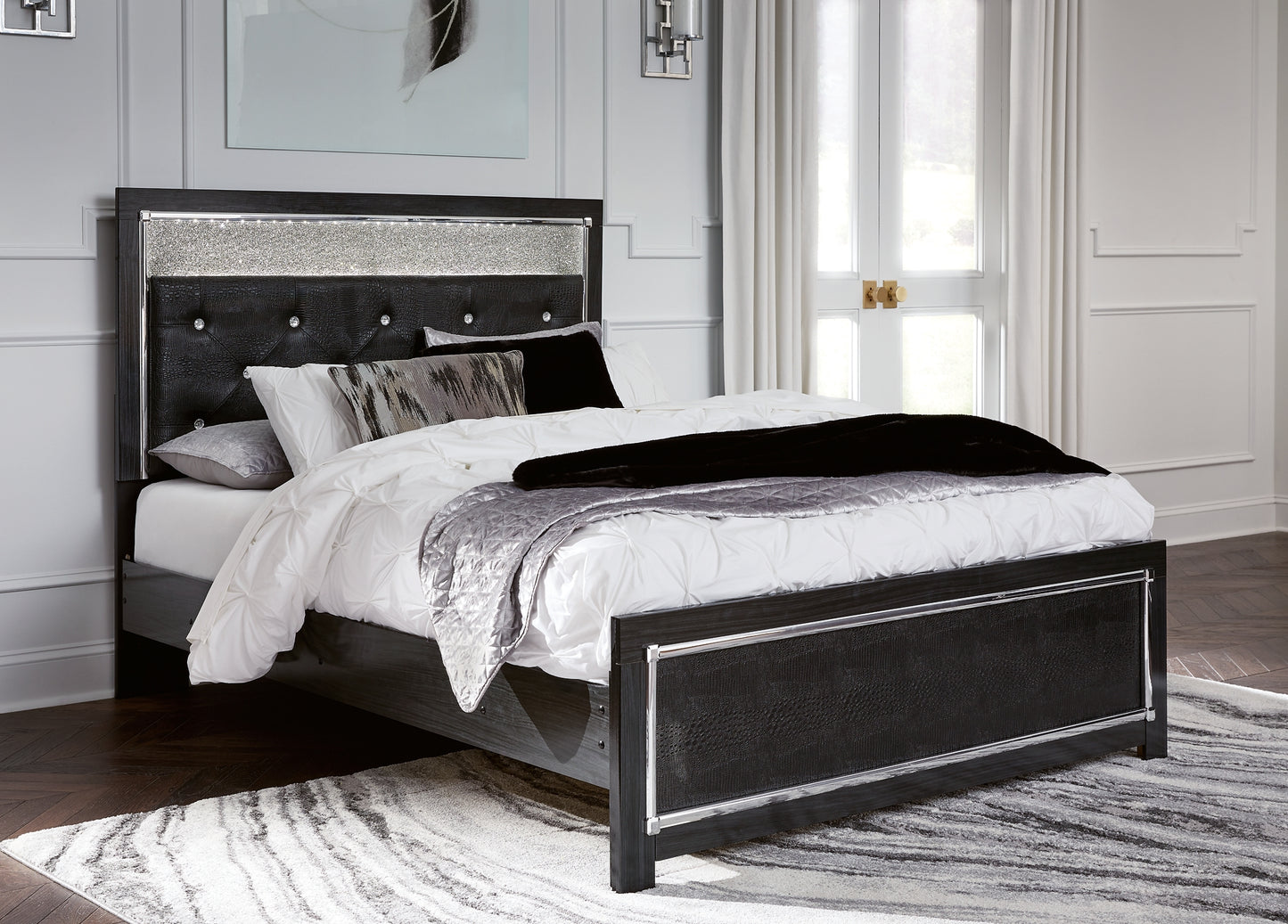 Kaydell  Upholstered Panel Bed With Mirrored Dresser And 2 Nightstands