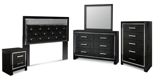 Kaydell  Upholstered Panel Headboard With Mirrored Dresser, Chest And Nightstand