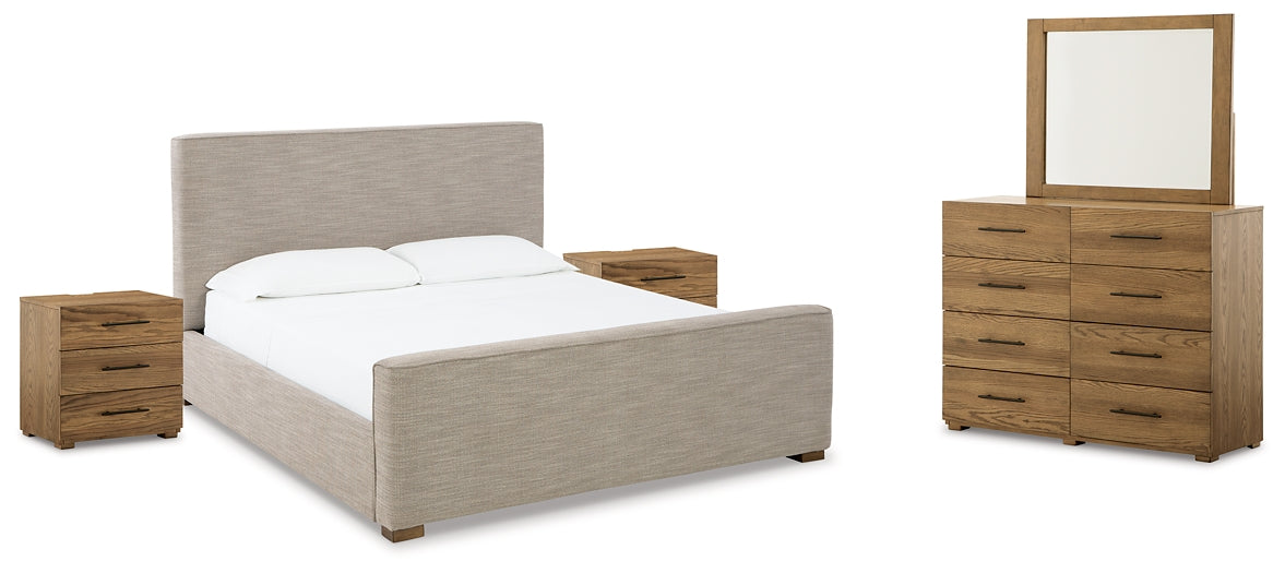 Dakmore  Upholstered Bed With Mirrored Dresser And 2 Nightstands