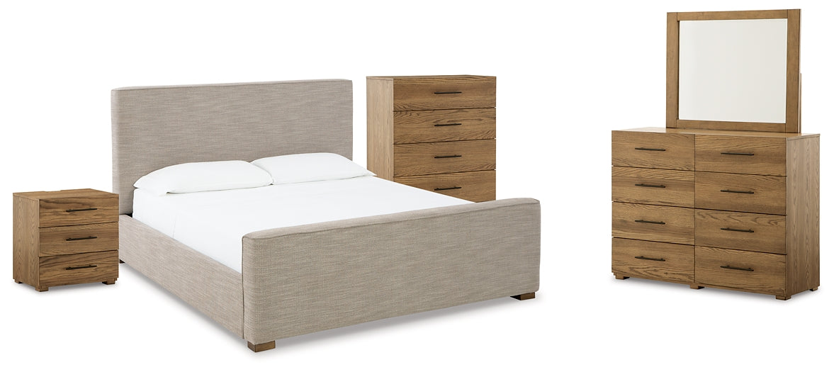 Dakmore  Upholstered Bed With Mirrored Dresser, Chest And Nightstand