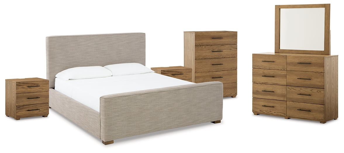 Dakmore California  Upholstered Bed With Mirrored Dresser, Chest And 2 Nightstands