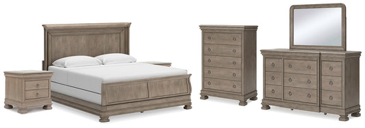 Lexorne  Sleigh Bed With Mirrored Dresser, Chest And 2 Nightstands