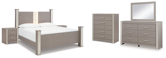 Surancha  Poster Bed With Mirrored Dresser, Chest And 2 Nightstands