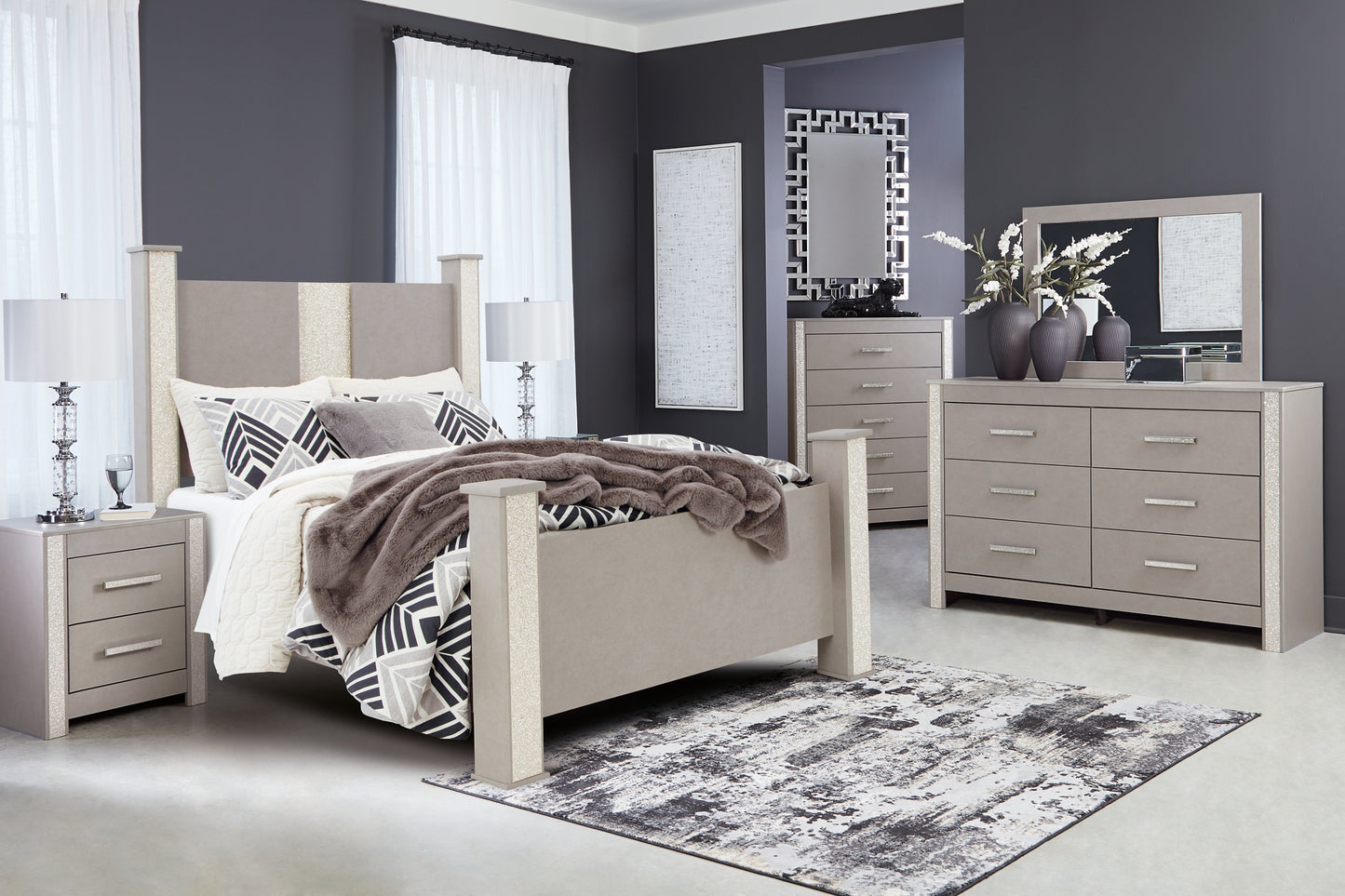 Surancha  Poster Bed With Mirrored Dresser, Chest And 2 Nightstands