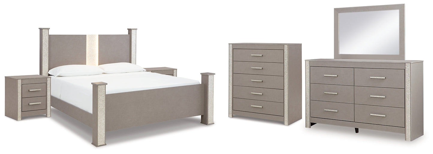 Surancha  Poster Bed With Mirrored Dresser, Chest And 2 Nightstands