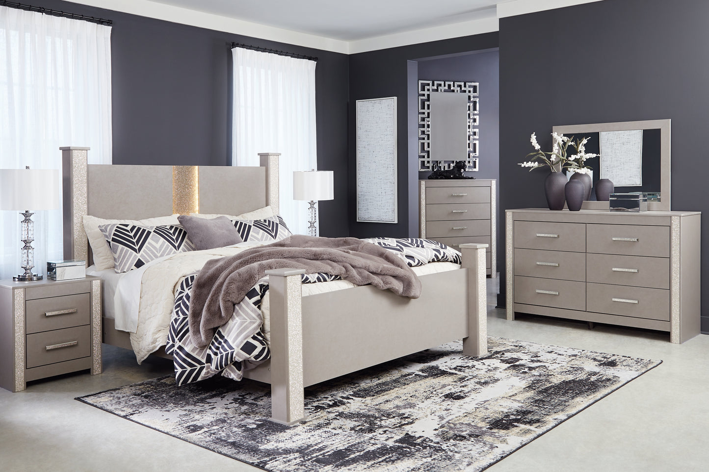 Surancha  Poster Bed With Mirrored Dresser, Chest And 2 Nightstands