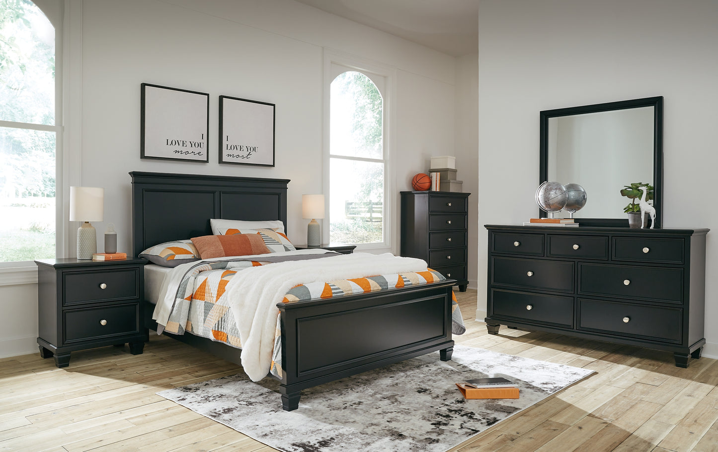 Lanolee  Panel Bed With Mirrored Dresser, Chest And 2 Nightstands