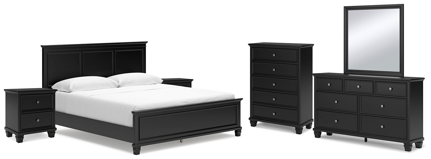 Lanolee California  Panel Bed With Mirrored Dresser, Chest And 2 Nightstands