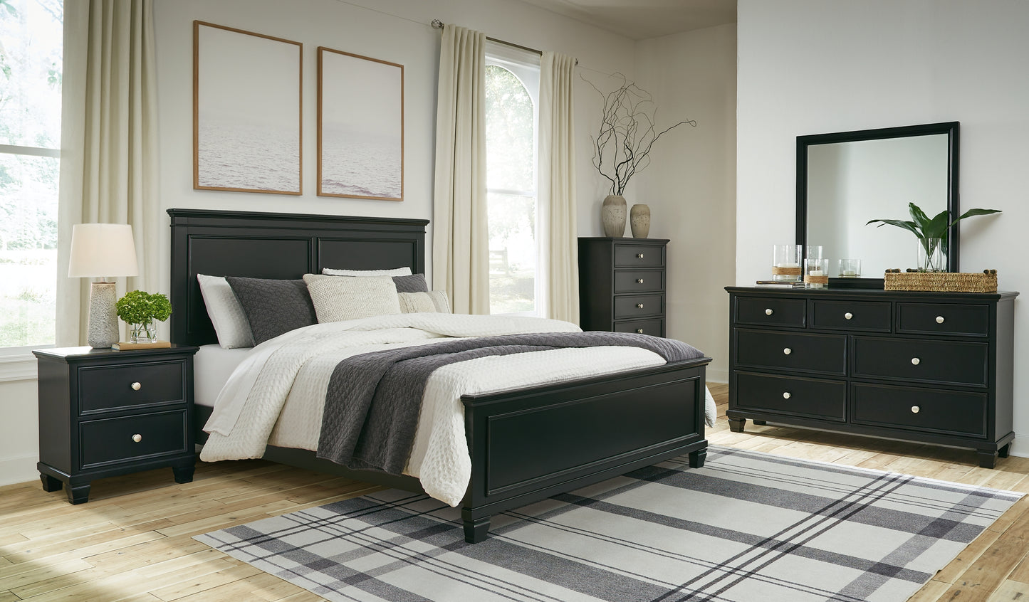 Lanolee  Panel Bed With Mirrored Dresser, Chest And Nightstand