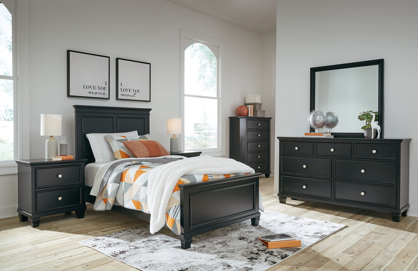 Lanolee  Panel Bed With Mirrored Dresser, Chest And Nightstand