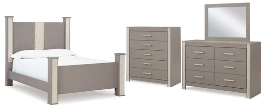 Surancha  Poster Bed With Mirrored Dresser And Chest